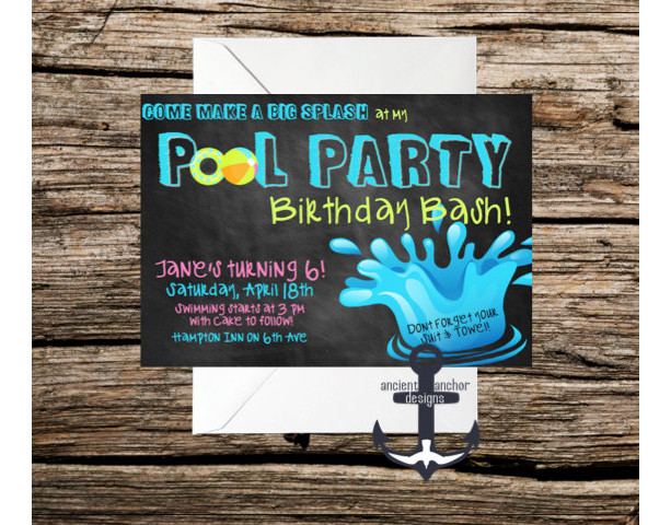 Printed Chalkboard Pool Birthday Party Invites -  100% Personalized - Birthday Party Invitation with Envelopes!