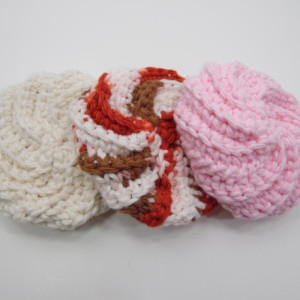 3 Pack Crochet Dish Scrubbies Cream, Red and Brown Spiral, and Pink