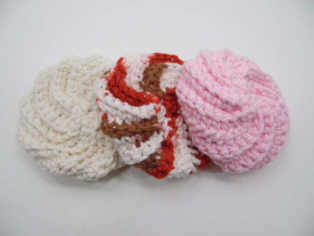 3 Pack Crochet Dish Scrubbies Cream, Red and Brown Spiral, and Pink