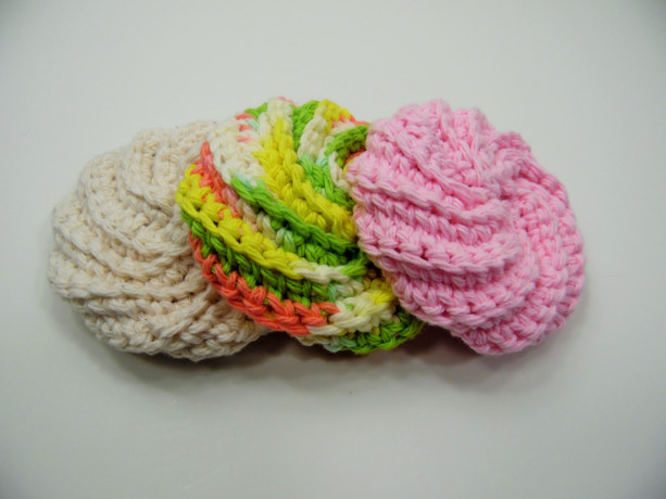 3 Pack Crochet Dish Scrubbies Cream, Green/Yellow/Pink Spiral, and Pink