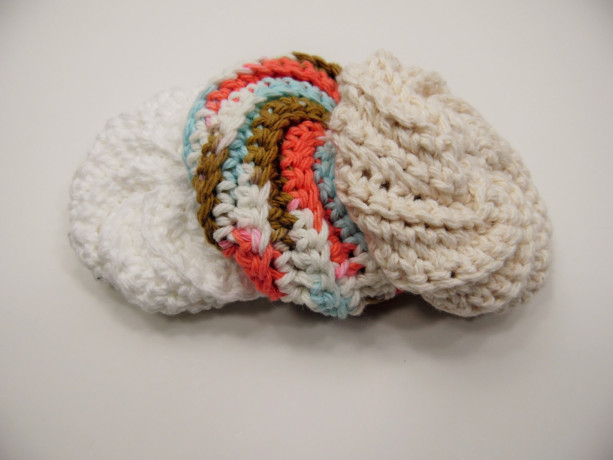 3 Pack Crochet Dish Scrubbies White, Blue/Brown/Pink Swirl, and Cream