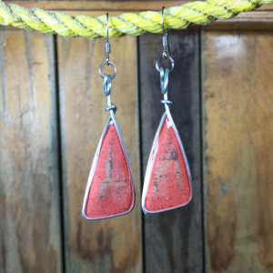 Faded Red Earrings, Muted Colors, Triangle Earrings, Repurposed Materials, Stainless Steel, Drop Earrings, One of a kind