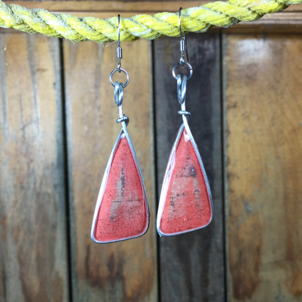 Faded Red Earrings, Muted Colors, Triangle Earrings, Repurposed Materials, Stainless Steel, Drop Earrings, One of a kind