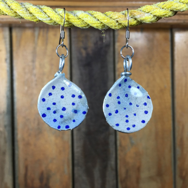 Blue Polka Dot Earrings, Colorful Earrings, Repurposed Materials, Circle Earrings, Stainless Steel, Fun Earrings