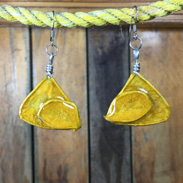 Yellow Abstract Earrings, Interesting Jewelry, Unique Pattern, Triangle Earrings, Stainless Steel, Repurposed Materials, Drop Earrings