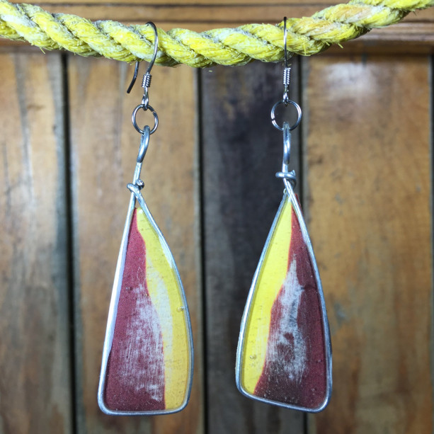 Red and Yellow Surf Earrings, Beach Earrings, Tribal Earrings, Red Earrings, Long Dangles, Fishhook Earrings, Stainless Steel Drop Earrings