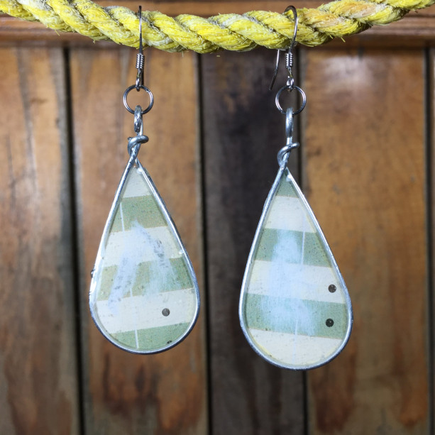 Green and White Striped Earrings, Teardrop Earrings, Muted Colors, Repurposed Materials, Stainless Steel