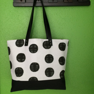 Large Tote Bag /// Black Dot with Black Canvas Bottom and Black Buffalo Leather Straps