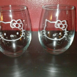 Custom Sandblasted Wine Glass -  Hello Kitty Etched Glass - Tumblers - Wine Glass - Bar Glass - Gift for her