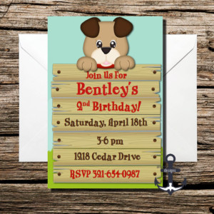 Printed Puppy Birthday Party Invites, 100% Personalized - Birthday Party Invitation with Envelopes! Dog on Fence