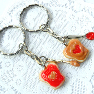 Peanut Butter and Jelly Heart Keychain Set, Strawberry, With Knife & Spoon, Best Friend's Keychains, Cute :D