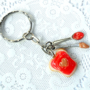 Peanut Butter Heart and Strawberry Jelly Keychain, With Knife & Spoon, Cute :D FREE SHIP!