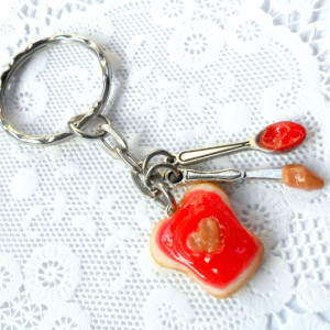 Peanut Butter Heart and Strawberry Jelly Keychain, With Knife & Spoon, Cute :D FREE SHIP!