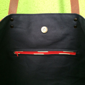 Large Tote Bag /// Red Chevron with Navy Canvas Bottom and Brown Buffalo Leather Straps