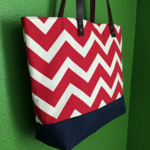 Large Tote Bag /// Red Chevron with Navy Canvas Bottom and Brown Buffalo Leather Straps