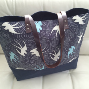 Large Tote Bag /// Birds on Navy with Navy Canvas Bottom and Brown Buffalo Leather Straps