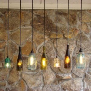 Recycled insulator, ball jar and wine bottle light