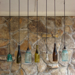 Recycled insulator, ball jar and wine bottle light