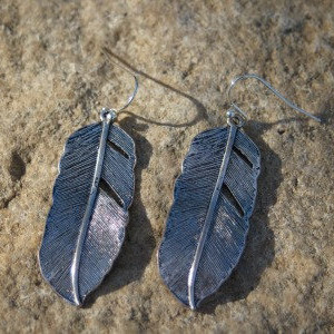 Antiqued Silver Tone Feather Rustic Western Earrings