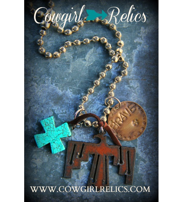 Rustic Western Charm Necklace-Brave, Thunderbird, Turquoise, Cross, Bold, Chunky