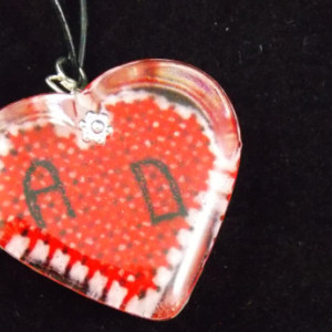 Personalized, cross stitch, red heart pendant with couples initials