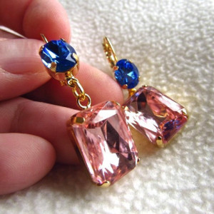 Rhinestone Earrings, Pink and Blue Earrings, Blue and Pink, Dangle Earrings, Estate Earrings, Statement Earrings, Georgian Paste, Antoinette