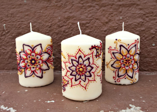 3 Piece Henna Style Mandala Flower Candle Set