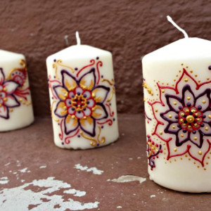 3 Piece Henna Style Mandala Flower Candle Set