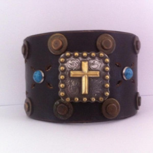 Men's Studded Brown Wide Leather Cuff