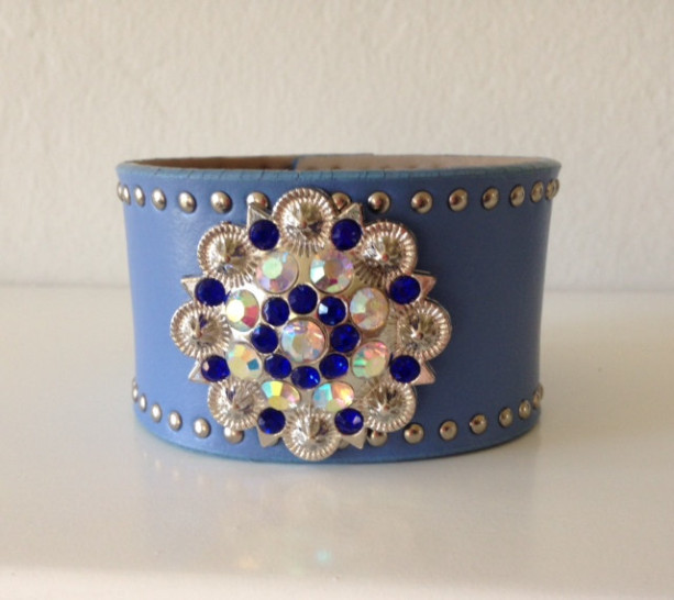 Blue Leather Cuff with Round Crystal Concho