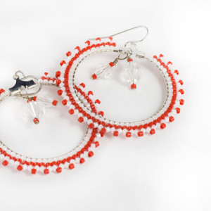 Beaded Hoop Earrings // Red and White // Seed Beads // Beadwork // Glass Crystals