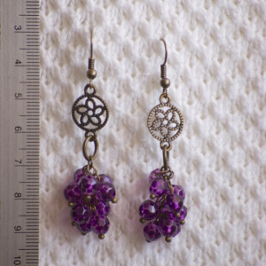 Dangle Earrings with Purple cluster beads and bronze flower charm