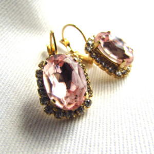 Blush Pink Earrings, Pink Rhinestone Earrings, Pink Wedding Bridesmaid, Light Pink Earrings, Pink Estate Earrings, Pink Diamond Earrings