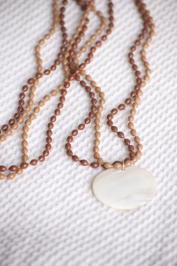 Sea Shell and Brown Beaded Layered necklace, Large round Seashell Pendant and two color shades of brown