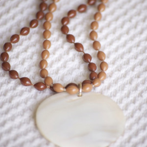 Sea Shell and Brown Beaded Layered necklace, Large round Seashell Pendant and two color shades of brown