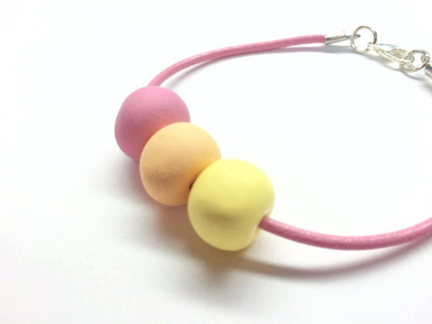 Pastel Petals / handmade artist grade polymer clay beaded bracelet pink leather with sterling silver plated clasp and accent beads colorful