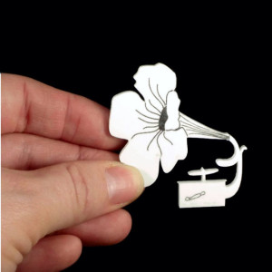 White Flower Brooch, Gramophone Silhouette Handmade Acrylic