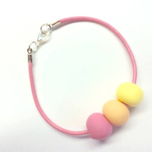 Pastel Petals / handmade artist grade polymer clay beaded bracelet pink leather with sterling silver plated clasp and accent beads colorful