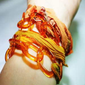 Orange Vintage Lucite Chain Silk Sari Ribbon Wrap Bracelet
