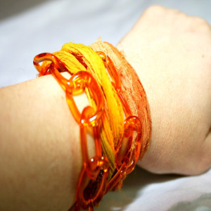 Orange Vintage Lucite Chain Silk Sari Ribbon Wrap Bracelet