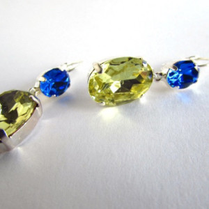 Rhinestone Earrings, Yellow and Blue Earrings, Blue Yellow, Dangle Earrings, Estate Earrings, Statement Earrings, Georgian Paste, Antoinette