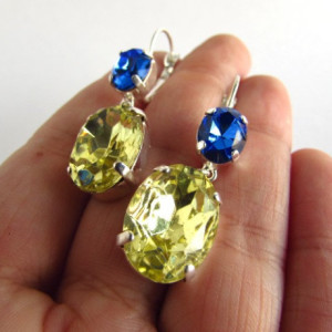 Rhinestone Earrings, Yellow and Blue Earrings, Blue Yellow, Dangle Earrings, Estate Earrings, Statement Earrings, Georgian Paste, Antoinette