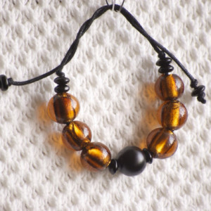 Chunky Amber and Black Beaded Braided Bracelet, Earth Tone Glass Beads