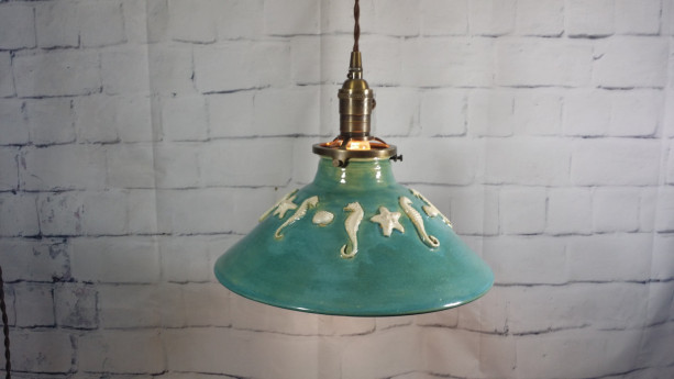 Handcrafted Pottery Hanging Ceiling Pendant Light Chandelier. This one is great for your beach restaurant or bar