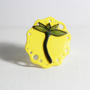Green leaf on yellow abstract background adjustable ring / Nature Jewelry / Adjustable ring / Shrink Plastic jewelry / quirky jewelry