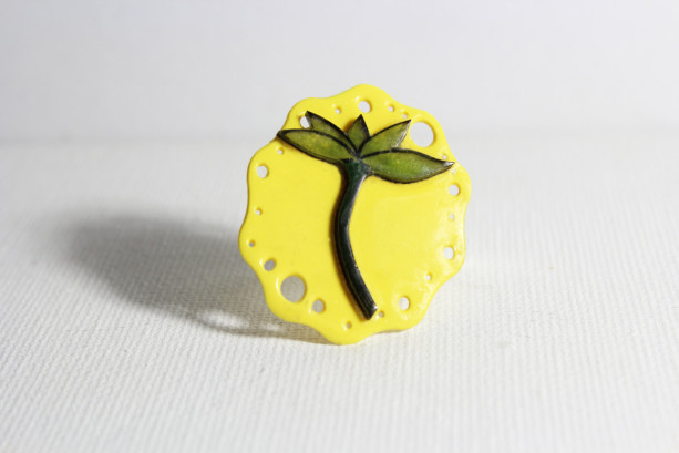 Green leaf on yellow abstract background adjustable ring / Nature Jewelry / Adjustable ring / Shrink Plastic jewelry / quirky jewelry