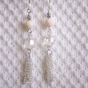Tassel Earrings with light pink & clear irridescent bead and faux pearl for wedding