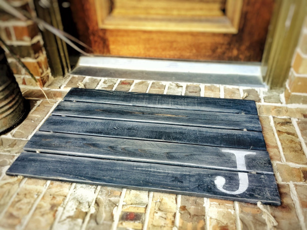 Wood Doormat, Monogram, Custom Distressed Finishes: 2-TONE DARK GREY shown - Free Shipping
