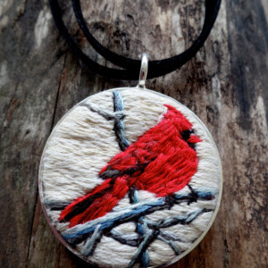 Red Cardinal Hand Embroidered Necklace