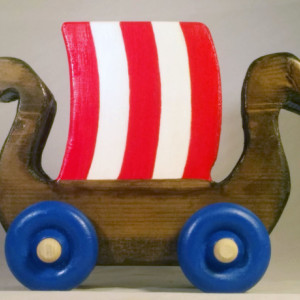 Push Toy Viking Ship 8" Long Handmade Wooden Toy Boat For Baby Boys Walnut Stain, Red & White Sail With Blue Wheels